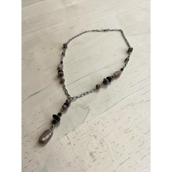 Jewelry - Y Drop Lariat Necklace Women 25in Mauve Black Stone Silver Tone Chain